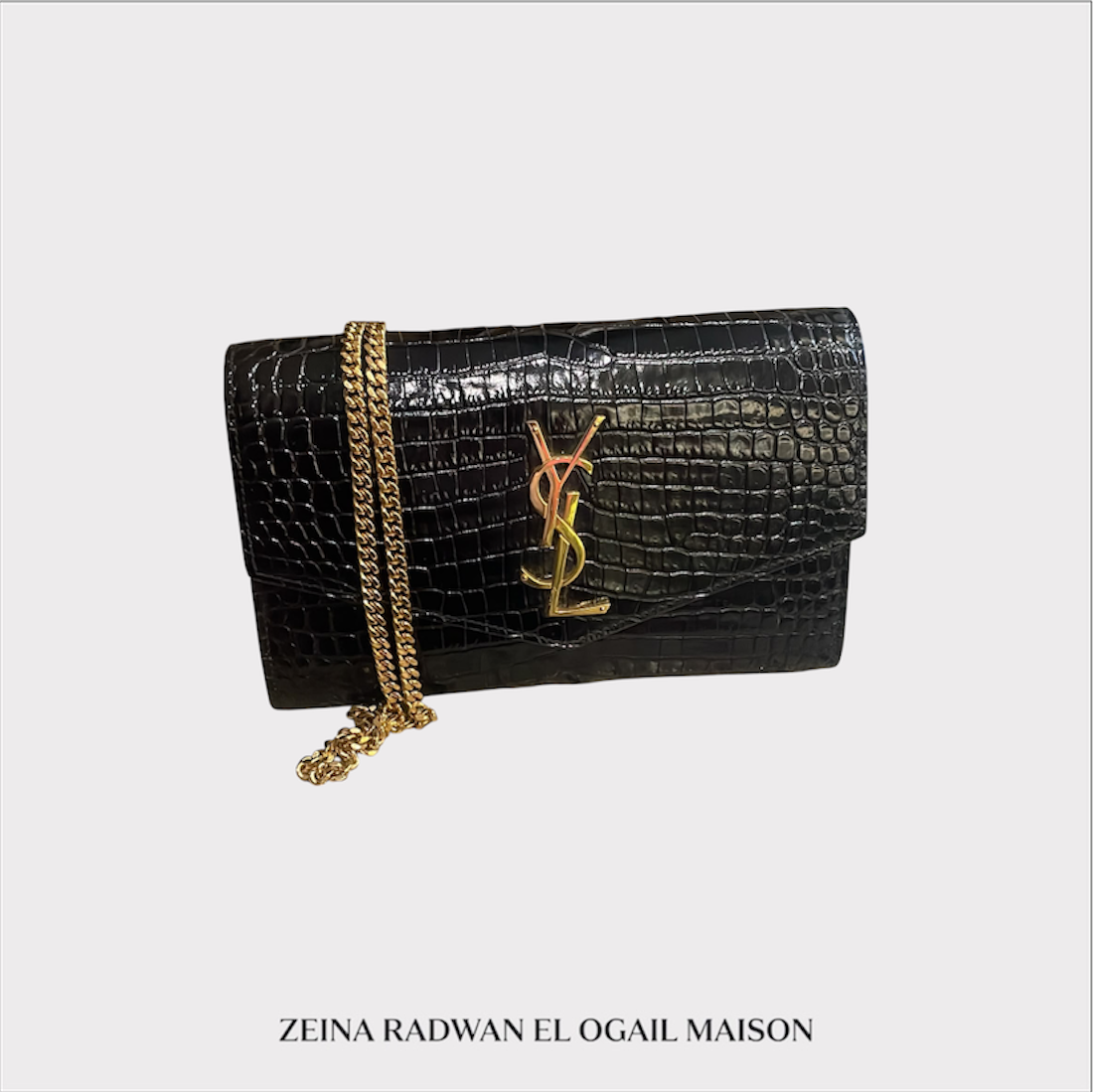 Saint Laurent Calfskin Crocodile Embossed Monogram Wallet Black
